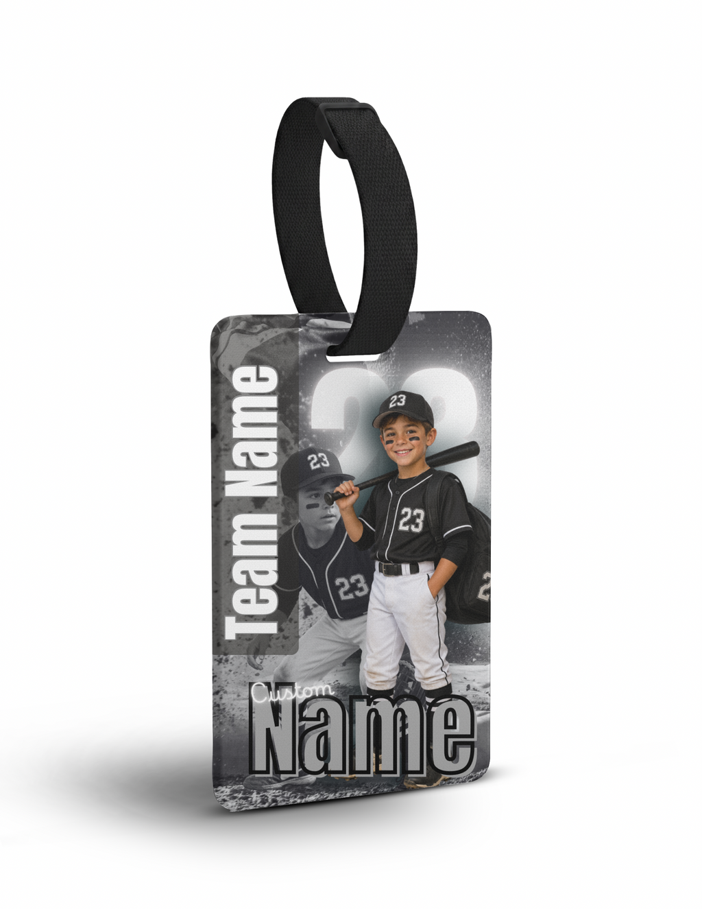 Custom Sports Action Photo Tag | Personalized Name & Number Bag Tag