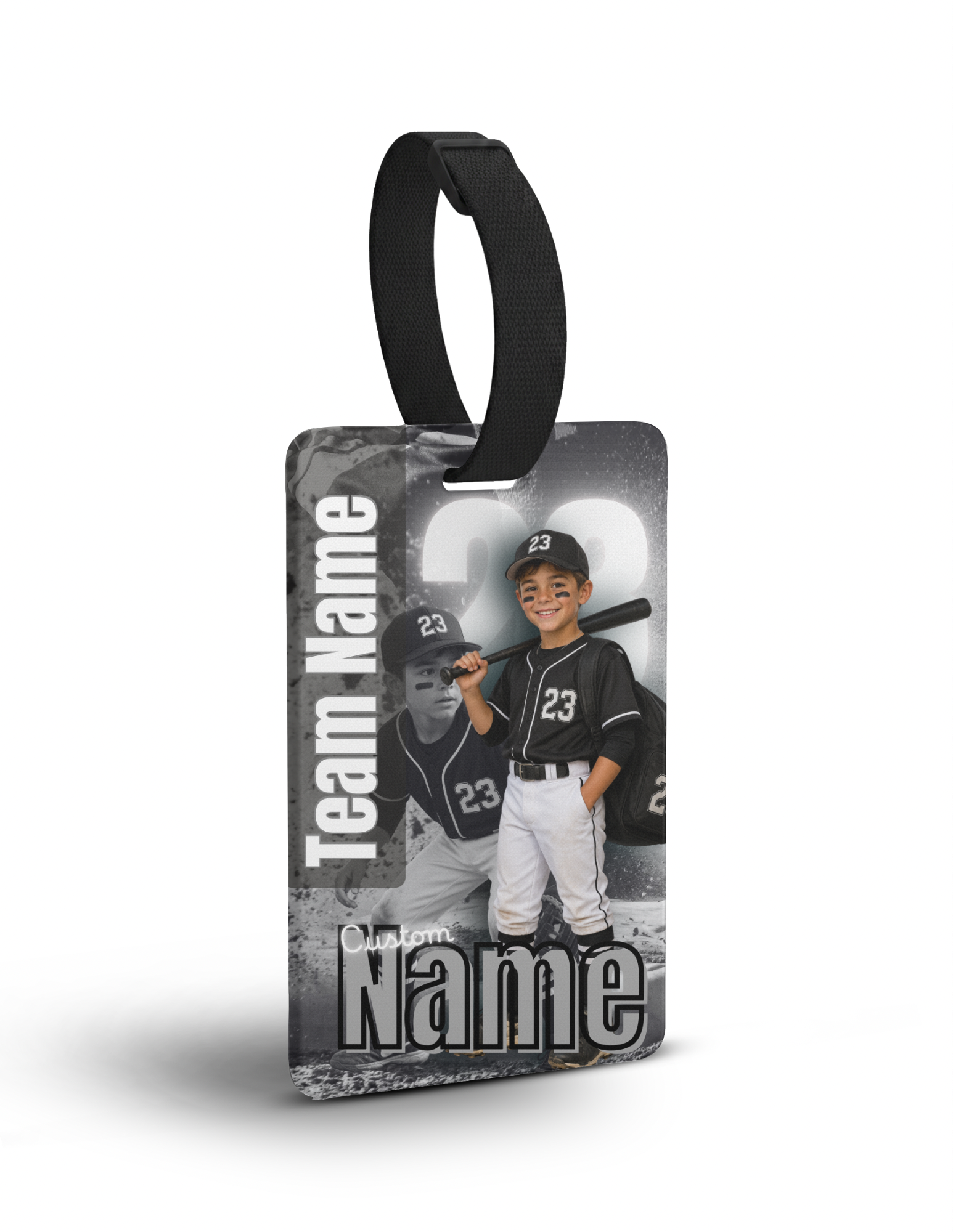 Custom Sports Action Photo Tag | Personalized Name & Number Bag Tag